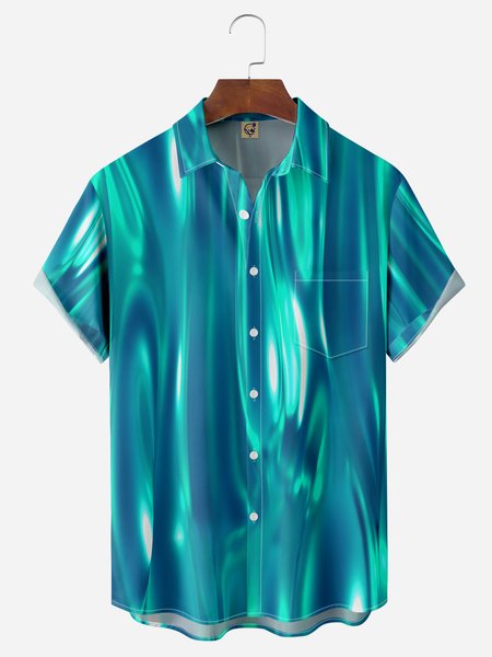 

3D Gradient Chest Pocket Short Sleeve Casual Shirt, Cyan, Men Shirts