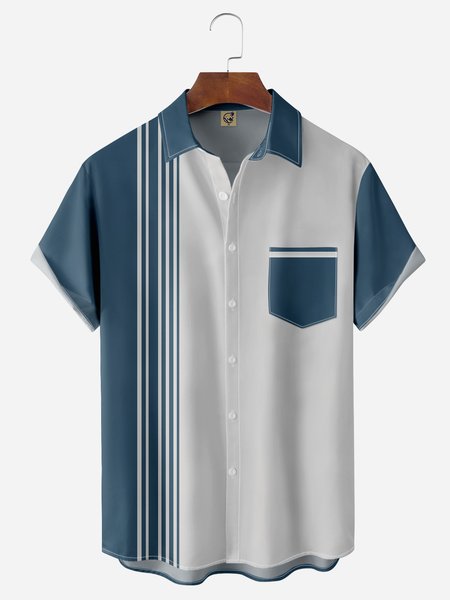 

Striped Chest Pocket Short Sleeve Bowling Shirt, Blue, Men Shirts