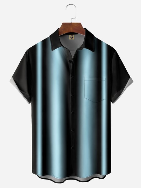 

Gradient Striped Chest Pocket Short Sleeve Bowling Shirt, Black, Men Shirts