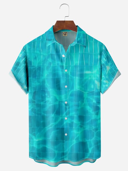 

Seawater Chest Pocket Short Sleeve Hawaiian Shirt, Blue, Men Shirts