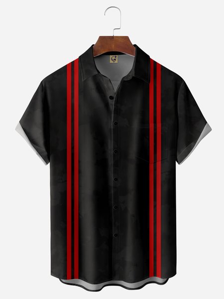 

Dark Camo Pattern Chest Pocket Short Sleeve Bowling Shirt, Black, Men Shirts