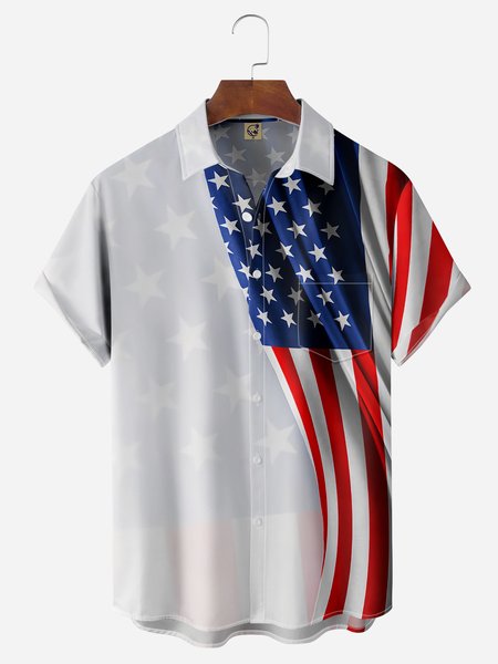

American Flag Chest Pocket Short Sleeve Casual Shirt, Blue, Men Shirts