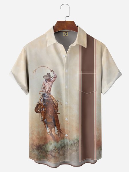 

Western Cowboy Chest Pocket Short Sleeve Bowling Shirt, Khaki, Men Shirts