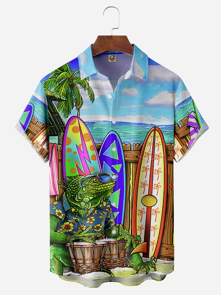 

Lizard Chest Pocket Short Sleeve Hawaiian Shirt, Blue, Men Shirts