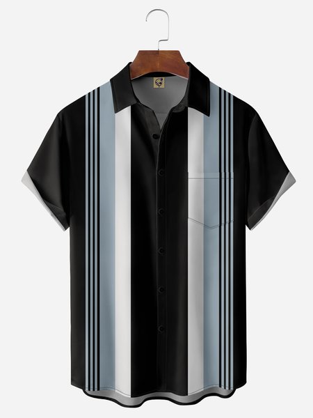 

Striped Chest Pocket Short Sleeve Bowling Shirt, Black, Men Shirts