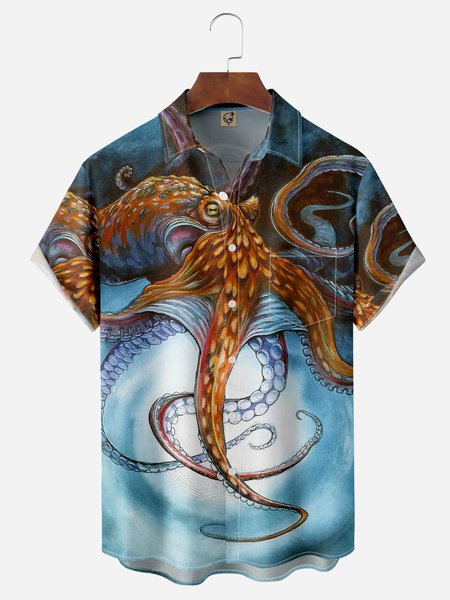 

Octopus Chest Pocket Short Sleeve Hawaiian Shirt, Blue, Men Shirts