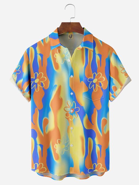 

Abstract Oil Painting Chest Pocket Short Sleeve Casual Shirt, Yellow, Men Shirts
