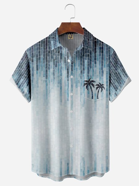 

Mosaic Coconut Tree Chest Pocket Short Sleeve Hawaiian Shirt, Blue, Men Shirts