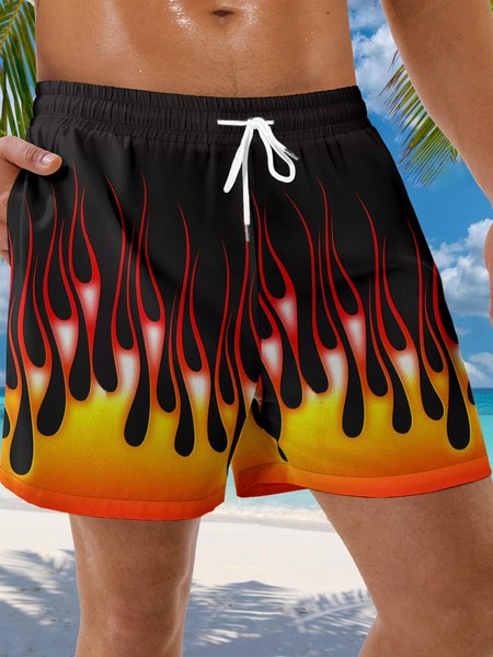 

Flame Drawstring Beach Shorts, Black, Men's shorts
