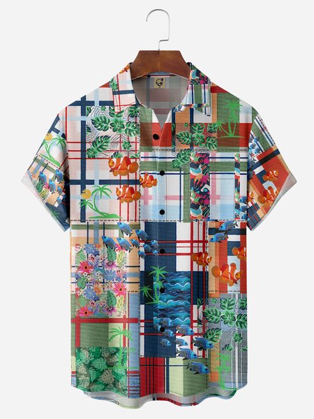 

Coconut Tree Plaid Chest Pocket Short Sleeve Hawaiian Shirt, Blue, Men Shirts