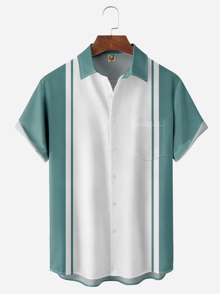 

Striped Chest Pocket Short Sleeve Bowling Shirt, Cyan, Men Shirts