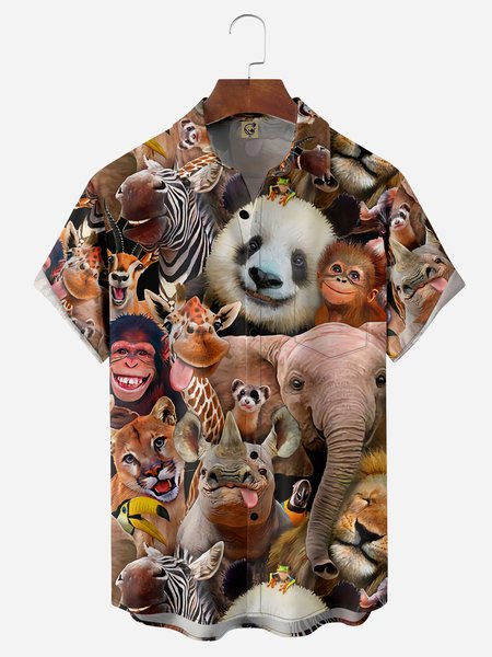 

Fun Animals Chest Pocket Short Sleeve Casual Shirt, Brown, Men Shirts