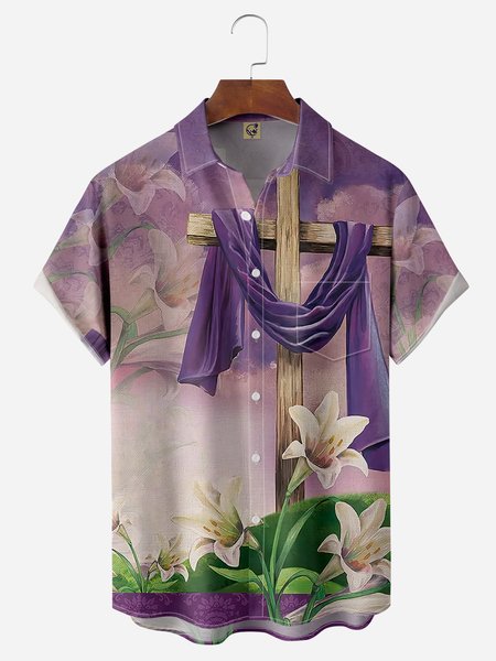 

Easter Cross Chest Pocket Short Sleeve Casual Shirt, Purple, Men Shirts