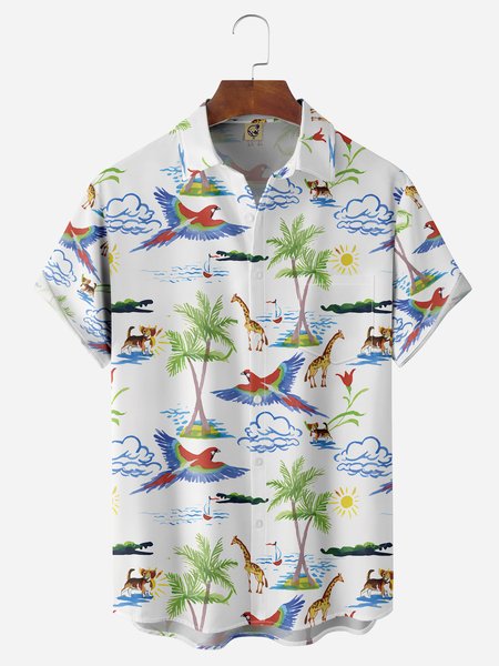 

Coconut Tree Chest Pocket Short Sleeve Hawaiian Shirt, White, Men Shirts