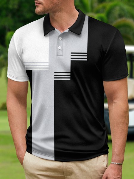 

Geometric Button Short Sleeve Polo Shirt, Black, Polo Shirts