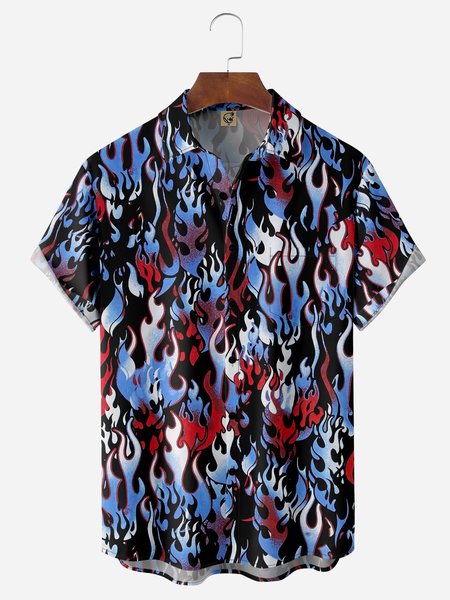 

Flame Chest Pocket Short Sleeve Casual Shirt, Black, Men Shirts