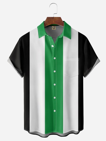 

Geometric Colorblock Chest Pocket Short Sleeve Bowling Shirt, Black, Men Shirts