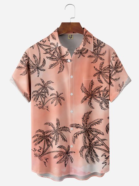 

Palm Tree Chest Pocket Short Sleeve Hawaiian Shirt, Pink, Men Shirts