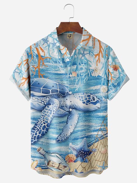 

Sea ​​Turtle Chest Pocket Short Sleeve Hawaiian Shirt, Blue, Men Shirts