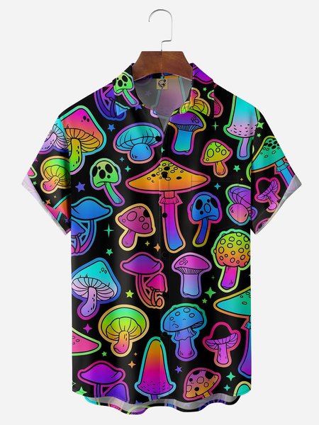 

Hippie Mushroom Chest Pocket Short Sleeves Casual Shirt, Black, Men Shirts
