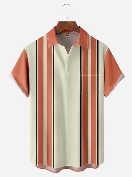 

Striped Colorblock Chest Pocket Short Sleeves Casual Shirts, Orange red, Men Shirts