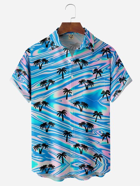 

Coconut Tree Chest Pocket Short Sleeves Hawaiian Shirts, Blue, Men Shirts