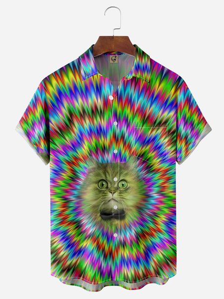 

Funky Cat Print Chest Pocket Short Sleeve Casual Shirt, Blue, Men Shirts