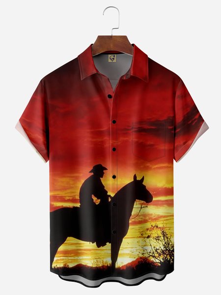 

Cowboy Chest Pocket Short Sleeve Casual Shirt, Red, Men Shirts