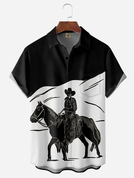 

Western Cowboy Chest Pocket Short Sleeve Casual Shirt, Black, Men Shirts