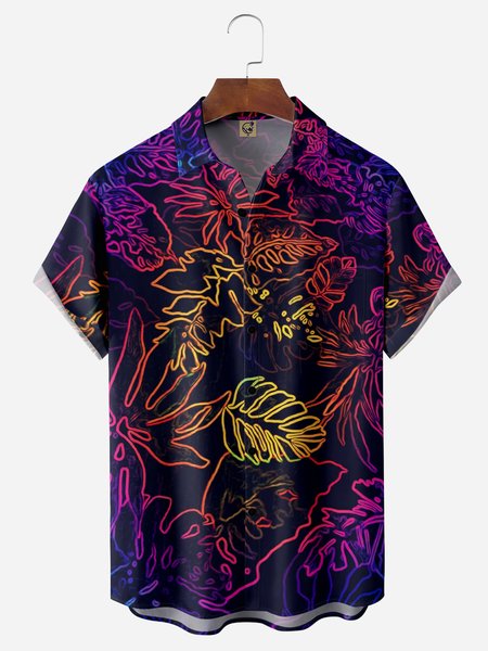 

Palm Leaf Chest Pocket Short Sleeve Hawaiian Shirt, Purple, Men Shirts