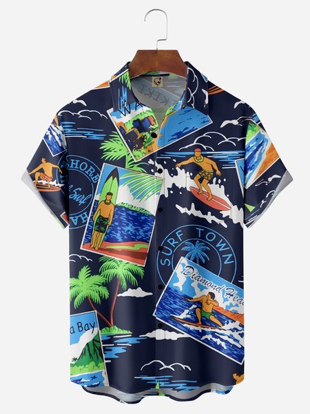 

Postcard Chest Pocket Short Sleeve Hawaiian Shirt, Blue, Men Shirts