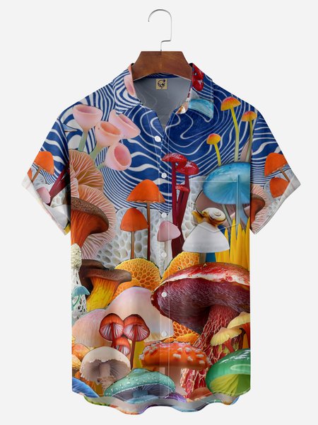 

Mushroom Chest Pocket Short Sleeve Casual Shirt, Blue, Men Shirts