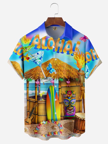 

Tiki Beach Chest Pocket Short Sleeve Hawaiian Shirt, Blue, Men Shirts