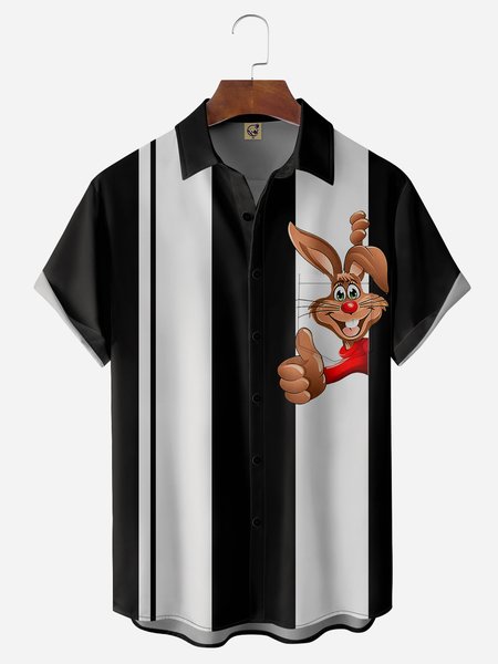 

Easter Bunny Chest Pocket Short Sleeve Bowling Shirt, Black, Men Shirts