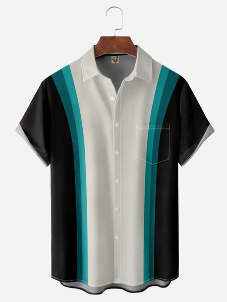 

Striped Chest Pocket Short Sleeve Bowling Shirt, Black, Men Shirts