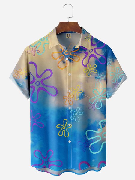 

Sky Geometric Flowers Chest Pocket Short Sleeve Hawaiian Shirt, Blue, Men Shirts