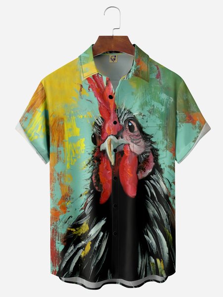 

Rooster Painting Chest Pocket Short Sleeve Casual Shirt, Green, Men Shirts