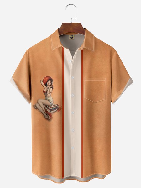 

Shawty Chest Pocket Short Sleeve Bowling Shirt, Orange red, Men Shirts
