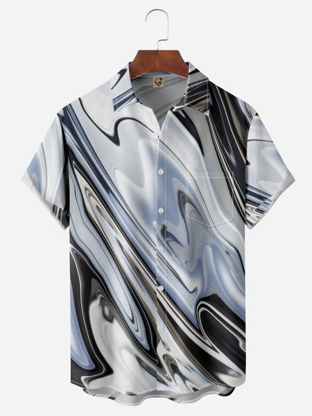 

3D Gradient Color Chest Pocket Short Sleeve Casual Shirt, Silver, Men Shirts