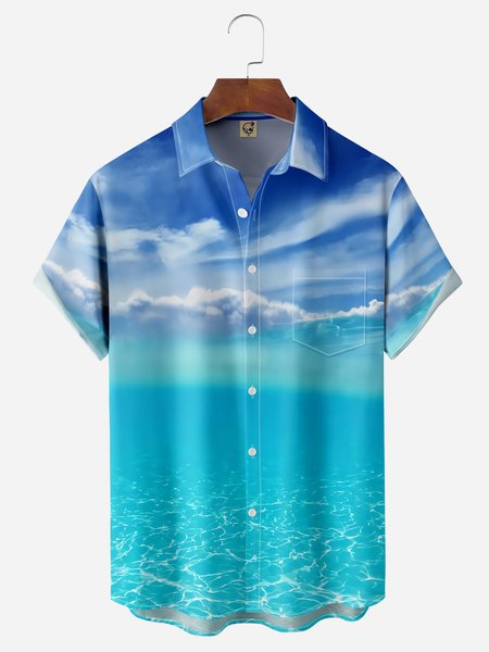 

Sea Sky Chest Pocket Short Sleeve Casual Shirt, Blue, Men Shirts