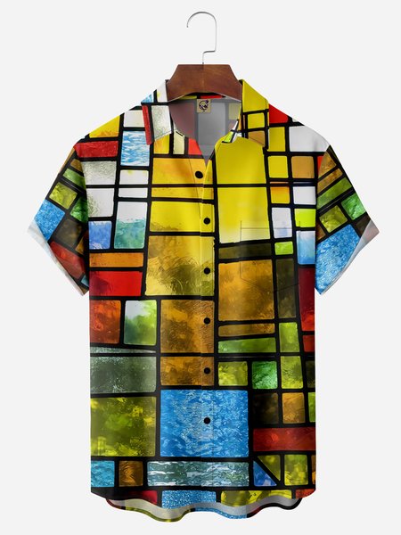 

Art Geometry Chest Pockets Short Sleeves Casual Shirts, Yellow, Men Shirts
