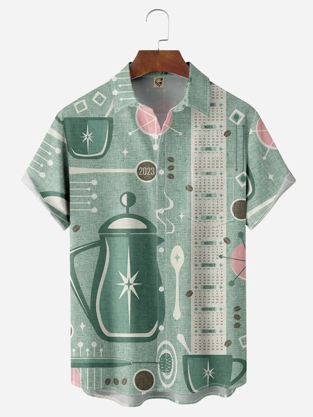 Mid Century Coffee Pot Chest Pocket Short Sleeve Shirt, Blue, Men Shirts