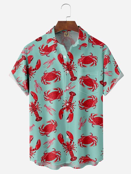 

Sea Animals Chest Pocket Short Sleeves Casual Shirts, Green, Men Shirts