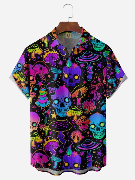 

Skull Mushroom Chest Pocket Short Sleeves Casual Shirt, Black, Men Shirts