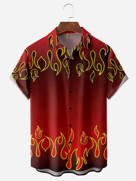 

Flame Chest Pocket Short Sleeves Casual Shirts, Red, Men Shirts