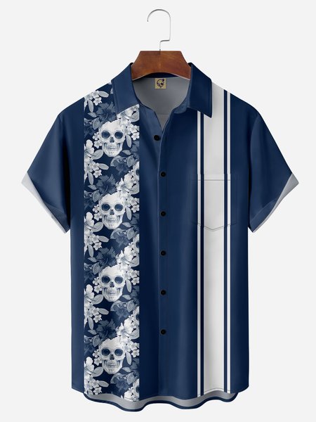 

Flower Skull Chest Pocket Short Sleeve Bowling Shirt, Blue, Men Shirts