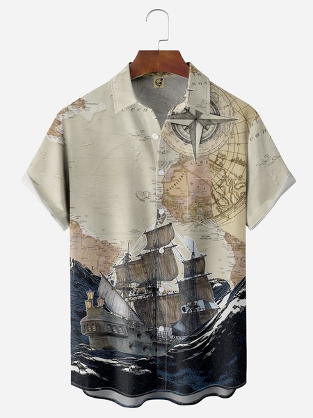 

Sailboat Map Chest Pocket Short Sleeve Hawaiian Shirt, Brown, Men Shirts