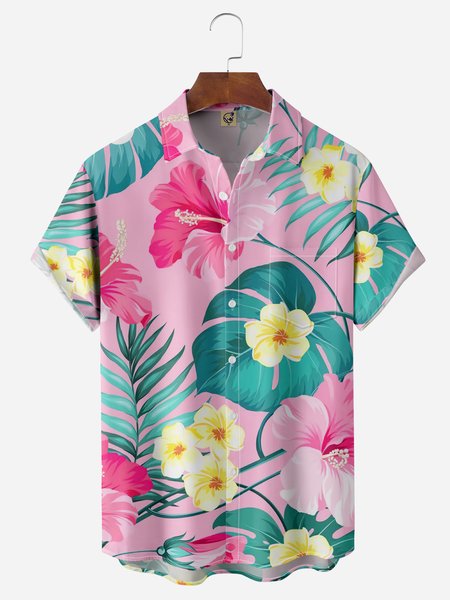 

Hibiscus Chest Pocket Short Sleeve Hawaiian Shirt, Pink, Men Shirts