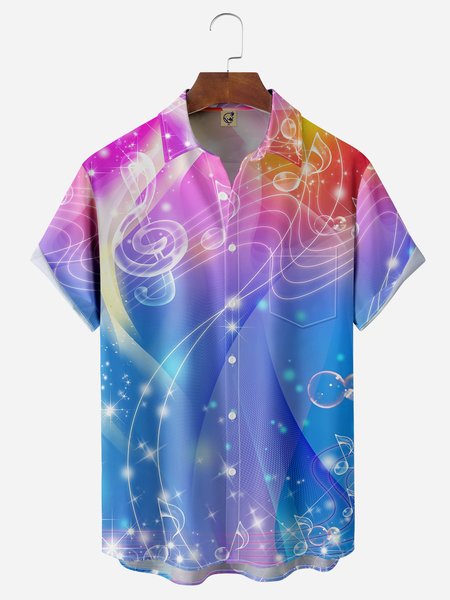

Music Notes Chest Pocket Short Sleeve Casual Shirt, Blue, Men Shirts