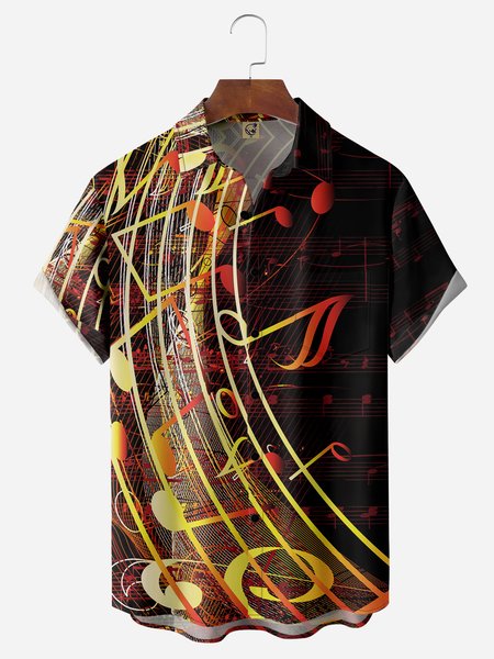 

Music Notes Chest Pocket Short Sleeve Casual Shirt, Red, Men Shirts